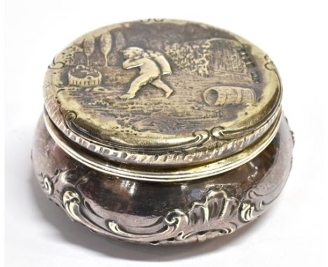 A VICTORIAN SILVER SMALL LIDDED TRINKET BOX BY ELLY ISAAC MILLER with embossed vineyard scene to pull off lid, gilt interior,