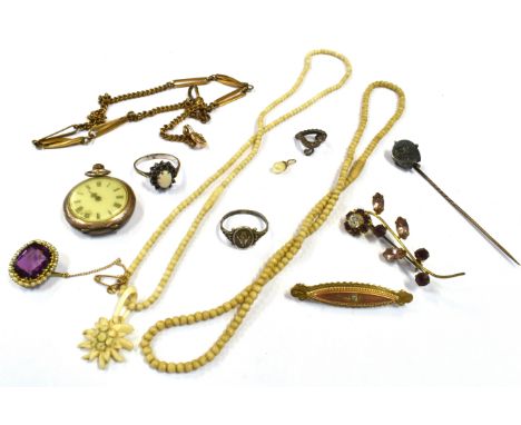 TEN ITEMS OF ANTIQUE/VINTAGE COSTUME JEWELLERY  comprising an Etruscan bar brooch (unmarked), a small silver fob watch, a pur