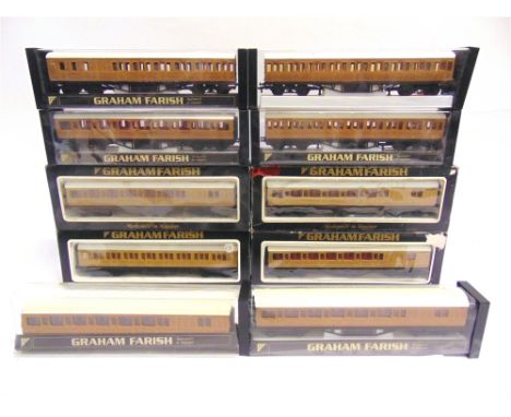 [OO GAUGE]. TEN GRAHAM FARISH L.N.E.R. COACHES  comprising four first/third composite and six brake-end, all in simulated tea