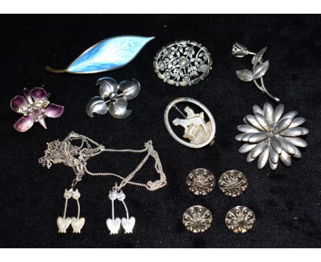 A GROUP OF SCANDINAVIAN SILVER JEWELLERY  including David Andersen silver and enamel leaf brooch and flower brooch; Johnl Dan