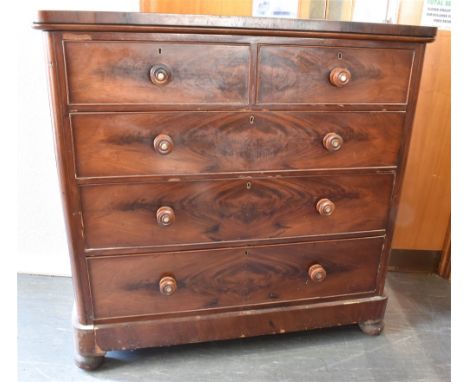 MAHOGANY CHEST OF TWO SHORT OVER THREE LONG GRADUATING DRAWERS, and raised on bun feet, 120cm x 123cm x 53cm