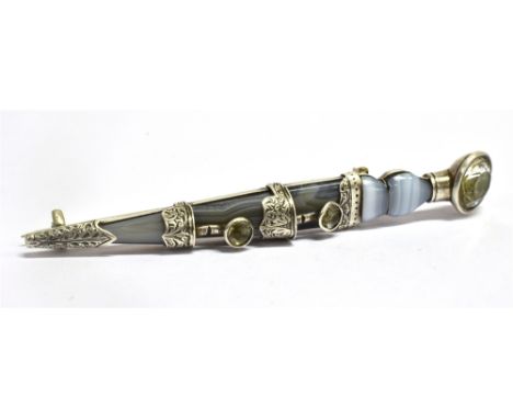 A VICTORIAN SILVER HARDSTONE SET KILT/CLOAK PIN  the silver pin in the form of a dagger set with round cut quartz stone to a 