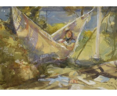 MARY JACKSON RWS, NEAC (1936-) Lady in a hammock Watercolour Signed in pencil lower right 25cm x 35cm Condition Report : fram