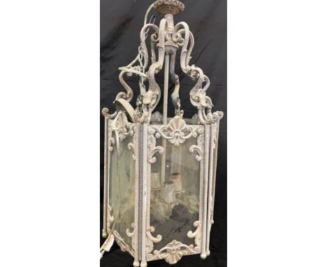 A LARGE FOUR LIGHT METAL FRAMED HANGING LIGHT FITTING of hexagonal form, 63cm high (excluding hanging chain) Condition Report