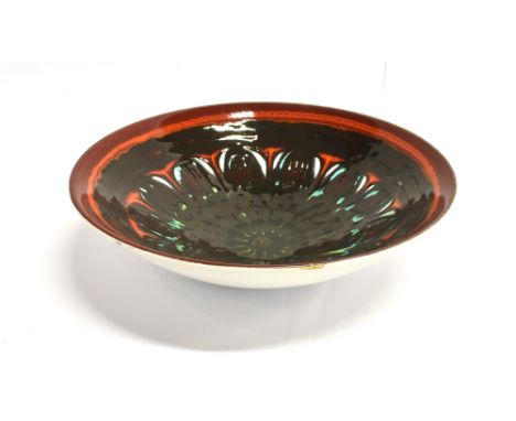 A POOLE POTTERY DELPHIS BOWL  artists monogram for Jane Brewer (1972-75), 34.5cm diameter Condition Report : small restored a