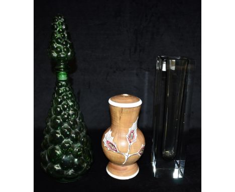 A MANDRUZZATO MURANO SOMMERSO GLASS BLOCK VASE  30.5cm high, together with another Italian glass decanter and stopper and an 