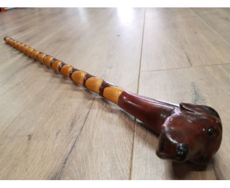 CARVED WALKING STICK WITH HOUND HEAD HANDLE