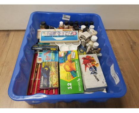 A BOX CONTAINING ART MATERIALS
