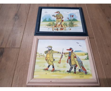 A PAIR OF FRAMED CRAFT CERAMICS HUNTING TILES HIDE AND SEEK AND ONE FOR THE POT