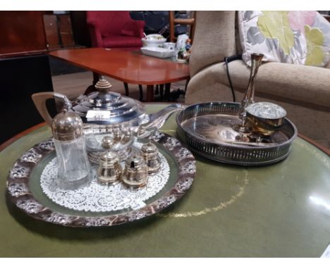 A LOT OF SILVER PLATED ITEMS SUCH AS CRUET SET TEAPOT ETC