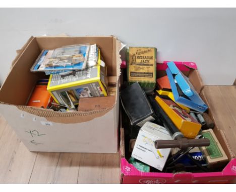 2 BOXES OF ASSORTED TOOLS INC THE EVERSURE HYDRAULIC JACK