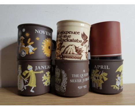 6 HORNSEA ART POTTERY MUGS INC THE QUEENS SILVER JUBILEE AND SING A SONG OF SIXPENCE ETC