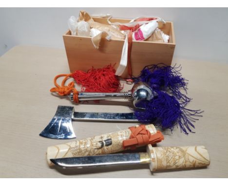 COMMEMORATIVE LAUNCHING AXE AND MALLET FROM M T WAFRA PLUS JAPANESE DAGGER