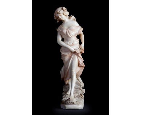 Italian school, ca.1900."Woman crossing the river".Alabaster.Measurements: 80 cm. high.Modernist sculpture representing a you