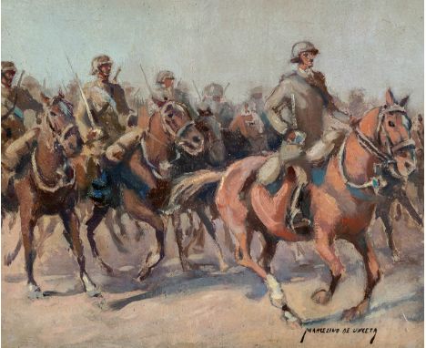 MARCELINO DE UNCETA Y LÓPEZ (Zaragoza, 1835 - Madrid, 1905)."Cavalry".Oil on cardboard.Signed in the lower right corner.Size: