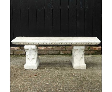 A cast stone garden bench, on acanthus carved supports130w x 40d x 42h cm