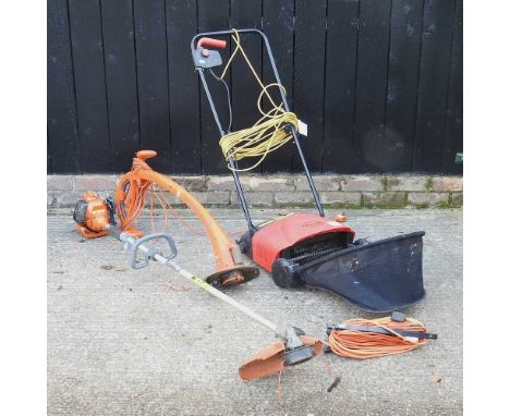A Husqvana petrol garden strimmer, together with a Champion electric scarifier and an electric strimmer (3)