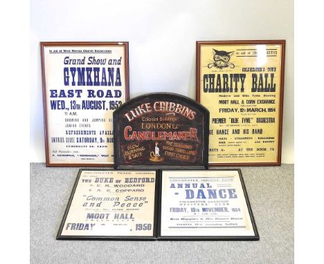 A painted wooden vintage style advertising sign, 51 x 61cm, together with four vintage posters of local interest (5)