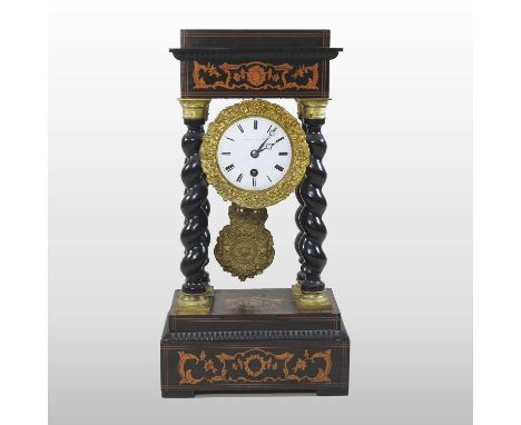 A 19th century French marquetry portico mantel clock, the white enamel dial with Roman hours, on spirally turned supports42cm