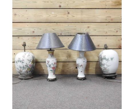 A pair of 19th century Chinese porcelain lamp bases, 41cm high, together with two other lamps with shades (4)