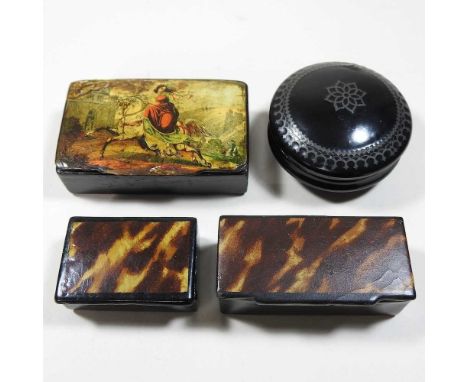 A 19th century papier mache and simulated tortoiseshell snuff box, 6cm, together with three various 19th century snuff boxes 