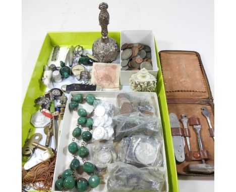 A collection of pre-decimal coins, banknotes, a jade coloured hardstone bead necklace and assorted jewellery and miscellaneou