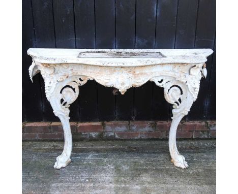 A white painted cast iron garden console table, with a shaped white marble top146w x 58d x 84h cmCondition report: Overall is