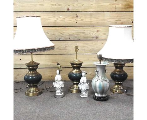 A painted metal table lamp and shade, together with two others matching, various table lamps, and a ceiling light