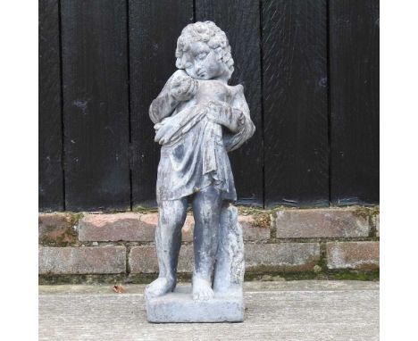 A small 19th century lead garden figure of a boy, holding a bird's nest, 59cm highCondition report: Has been pushed in at the