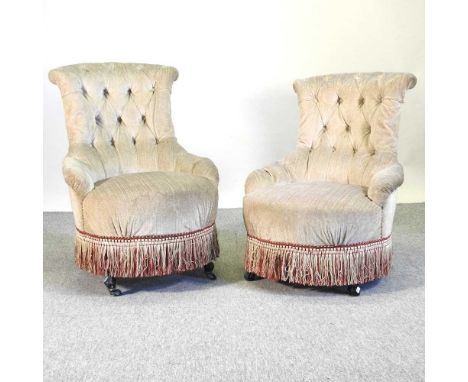 A pair of 19th century green upholstered button back tub chairs58w x 60d x 82h and 76h cmCondition report: Both are solid and