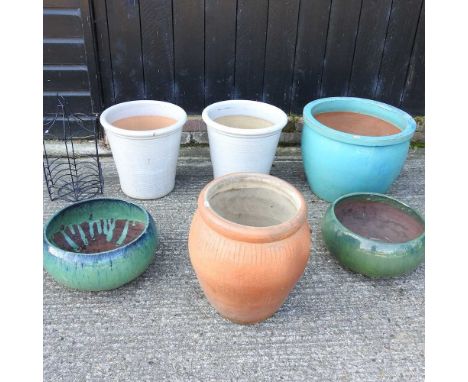 A pair of pale glazed garden pots, 36cm high, together with four others various and a plant support (7)