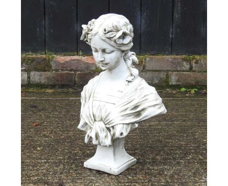 A cast stone garden bust of a young lady46cm high