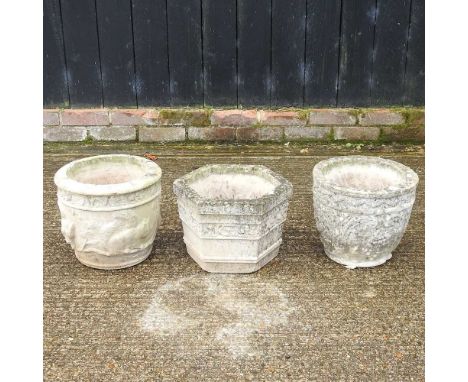 Three cast stone garden potsTallest 32cm diameter x 28cm high