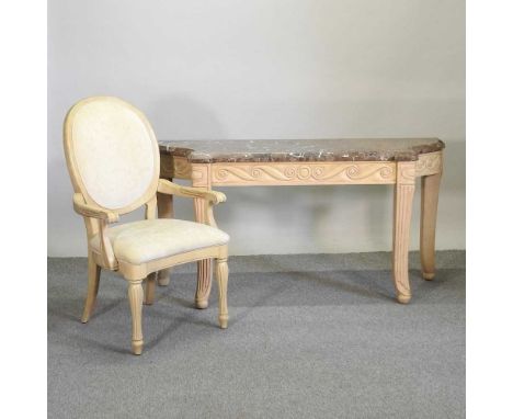 An American Bernhardt marble top console table, together with a cream upholstered chair (2)152w x 49d x 72h cm
