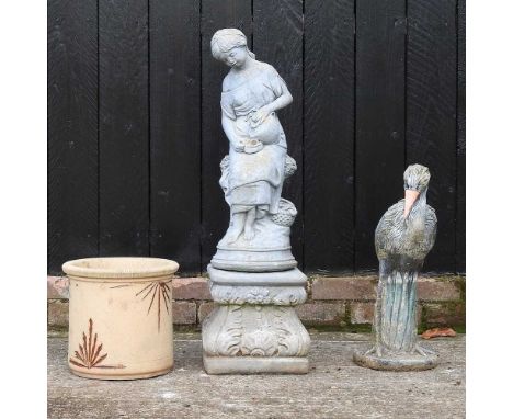 A cast stone garden statue, together with a pot and a model bird (3)