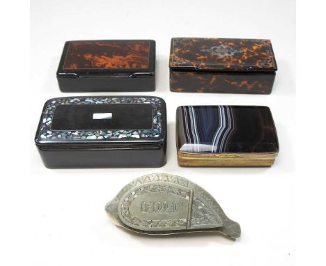 A 19th century cowrie shell snuff box, with engraved metal mounts, 9cm, together with a 19th century polished agate snuff box