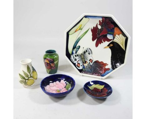 A mid 20th century Moorcroft vase, a modern Moorcroft vase, two bowls and together with a modern Moorcroft ten year medley pl