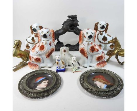 A pair of 19th century Staffordshire lustre spaniels, together with various others, brass horses and a pair of Bavarian porce