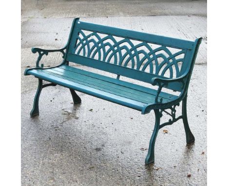 A green painted metal garden bench, 126cm wide