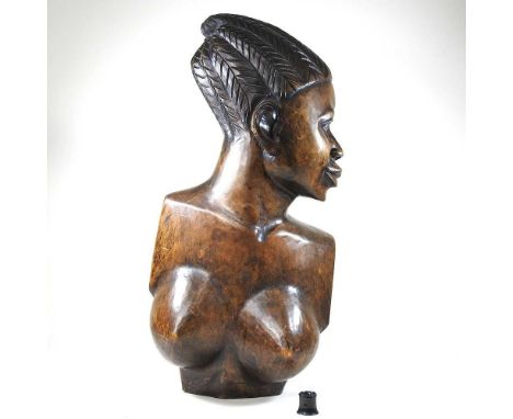 A mid 20th century African carved hardwood portrait bust, 64cm high