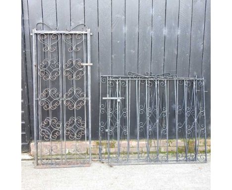 A pair of black painted wrought iron garden gates, together with another pair162h x 126w cm and 105h x 232w cm overall