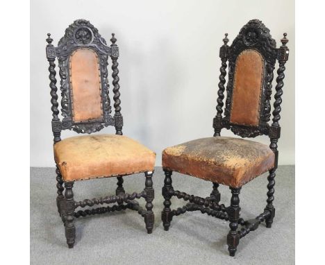 A pair of 19th century carved oak high back chairs, on bobbin turned legs