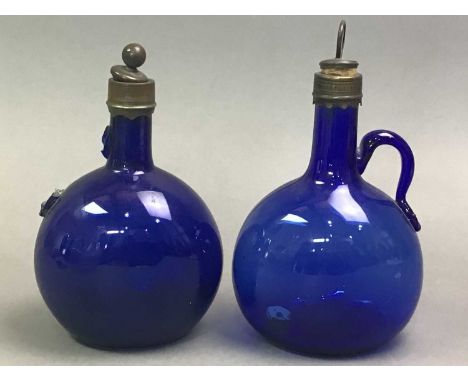 TWO EARLY TO MID-VICTORIAN BRISTOL BLUE FLAGON DECANTERS AND OTHER 19TH CENTURY DECANTERS one with mother of pearl WHISKY lab