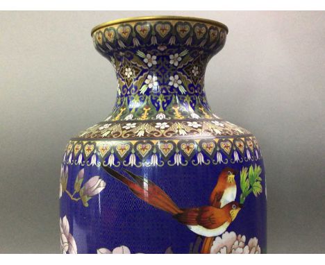 CHINESE CLOISONNE VASE AND STAND  with bird and flower decoration on a blue ground, on a hardwood circular stand 44cm highQty