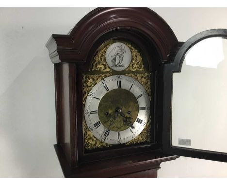 REPRODUCTION MAHOGANY GRANDMOTHER CLOCK the silvered dial with Roman numerals 183cm high