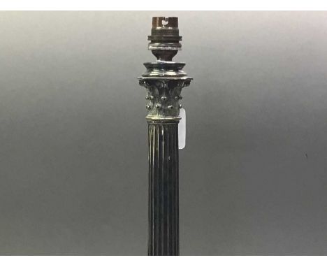 SILVER PLATED CORINTHIAN COLUMN TABLE LAMP along with a pair of plated candlesticksQty: 3