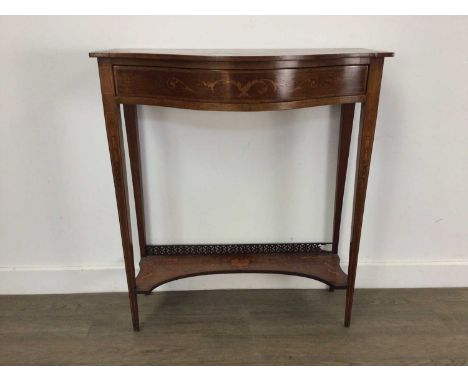 EDWARDIAN INLAID MAHOGANY SERPENTINE AND MARQUETRY SIDE TABLE two tier with frieze drawer74cm high, 64cm wide, 32cm deep Some