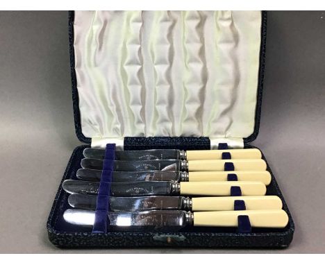 COLLECTION OF SILVER PLATED FLATWARE comprising a fruit set with mother of pearl handles, fish set with simulated bone handle