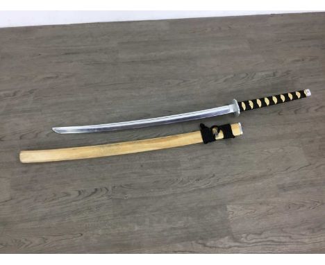 REPRODUCTION JAPANESE SWORD AND A MODERN SCOTTISH SWORD  the Japanese sword with wood handle and scabbard, the Scottish sword