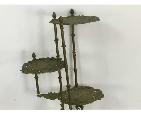 BRASS CAKE STAND ALONG WITH SCALES AND WEIGHTS the cake stand with three shaped circular tiers, also Salter spring scales and